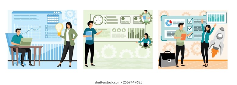 Business Team Collaboration. Data Analysis and Business Strategy. Business Success with Achieved Goals and Growth. Set flat vector modern illustration