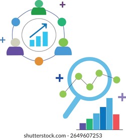 Business team collaboration icon with chart, data analysis, and growth concept
