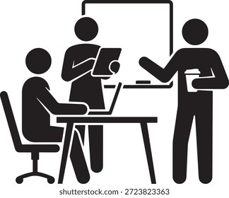 Vetor de ícone de colaboração em equipe de negócios. Silhueta de colegas discutindo com laptop, tablet e xícara de café em frente a um quadro branco. Símbolo de reunião do Office, inicialização e trabalho em equipe.