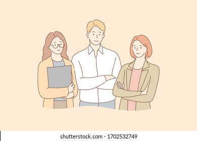 Business, team, collaboration, partnership concept. Group of young business people partners clerks managers colleagues employees businessman and women together. Cooperation or collaboration in office.