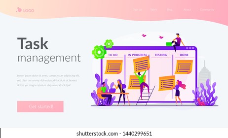 Business team, colleagues teamwork. Workflow organization, productivity growth. Task management, project managers tool, task management software concept. Website homepage header landing web page