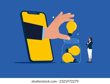 Business team collect lightbulb idea into Glass Jar through the online with help smartphone. Flat vector illustration 