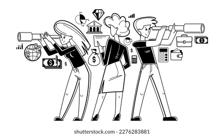 Business team collecting data for analysis and searching for opportunities looking in spyglass telescope vector outline illustration, entrepreneurs analyzes financial chats.