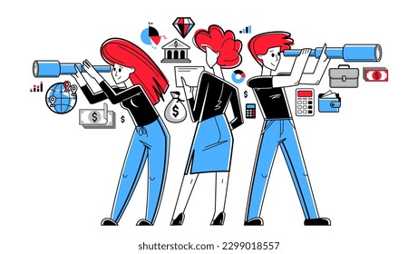 Business team collecting data for analysis and searching for opportunities looking in spyglass telescope vector outline illustration, entrepreneurs analyzes financial chats