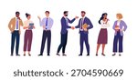 Business Team Collection. Vector cartoon illustration of a group of diverse businesspeople standing together, communicating, shaking hands, and discussing work tasks. Professional office characters.