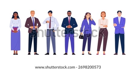 Business Team Collection. Vector cartoon illustration of a group of diverse people in business outfits standing together. Isolated on a background.