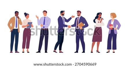 Business Team Collection. Vector cartoon illustration of a group of diverse businesspeople standing together, communicating, shaking hands, and discussing work tasks. Professional office characters.