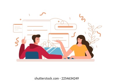 Business team color concept with people scene in the flat cartoon style. Business partner discuss joint work that will lead them to success. Vector illustration.