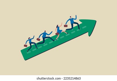 Business team with common aims and goals. Team success and improvement. Business people run up on the arrow. Illustration