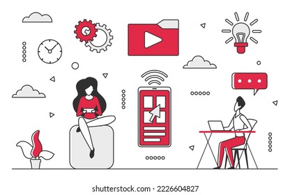 Business team communication. Effective teamwork collaboration, information sharing vector monocolor illustration