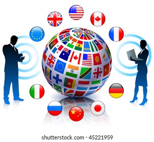 Business Team Communication with Flags Globe Original Vector Illustration