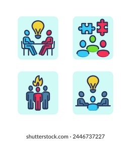 Business team communication line icon set. Generating ideas in a team, searching for business solutions, briefing, brainstorming, meeting. Teamwork business concept. Vector illustrations for web desig