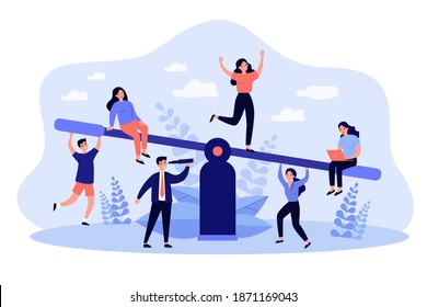 Business team competition. Groups of people balancing on seesaw, weighing down scale. Vector illustration for comparison, advantage, equilibrium, teamwork concept