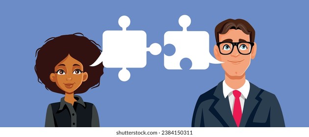 
Business Team Completing Each other Sentences Vector Concept Illustration. Businessman and businesswoman talking making strategy together 
