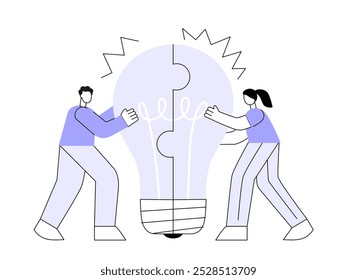 Business team completing an idea light bulb puzzle. Flat vector illustration.