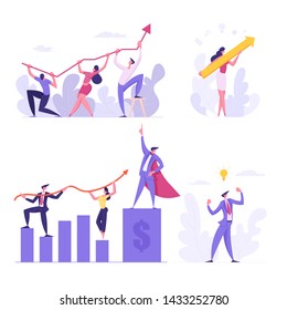 Business Team Concept. Businesspeople Hold Financial Arrow Graph. Data Analysis, Goal Achievement, Investment Management. Competition, Goal Achievement, Creative Idea Cartoon Flat Vector Illustration