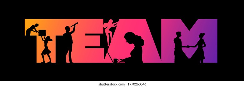 Business team concept design. Working silhouette people using laptops, shaking hands, looking future, climbing and holding box in the colorful 'TEAM' word. Vector illustration.