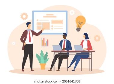 Business team concept. Employees share ideas, find best path, brainstorm. Man makes presentation to his colleagues using laptops. Cartoon flat vector illustration isolated on white background