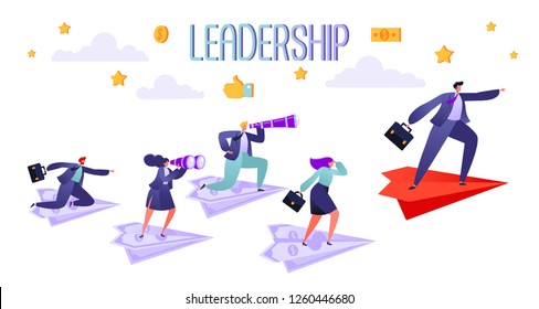 Business team concept. Five business people flying on paper planes. People following chief on a red plane. Boss points the way to success.  Vector illustration leadership theme, motivation, teamwork.