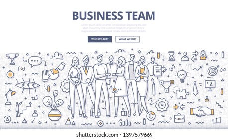 Business team concept. Group of businesspeople in casual wear standing in office environment. Successful teamwork. Doodle illustration for web banners, hero images, printed materials