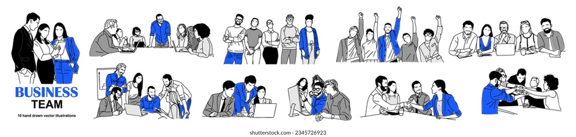 Business team concept illustrations. Set of scenes with men and women working together, supporting each other. Vector simple outline drawing for graphic, web design Isolated on white background