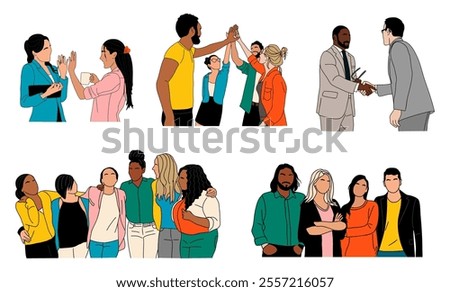 Business team concept illustrations. Set of scenes with men and women working together, supporting each other. Vector colored outline drawing for graphic, web design Isolated on white background.