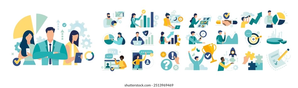 business team concept mega set. Group workers work office. Collection Bundle of scenes with people men and women, teamwork in office business activity. vector illustration graphic web design