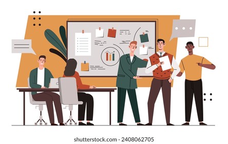 Business team concept. Men and woman with information, dashboard. Workers brainstorm near statistics. Employees discuss project. Cartoon flat vector illustration isolated on white background