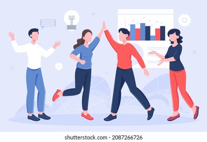 Business team concept. Men and women develop company promotion strategy and rejoice in achieving success. Partnership or cooperation. Employees clap and celebrate. Cartoon flat vector illustration