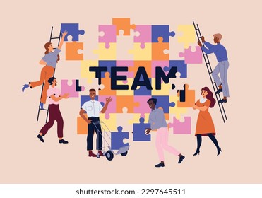 Business team concept. Men and women assemble picture from jigsaw puzzles. Colleagues and partners work on project or start up together. Collaboration and cooperation. Cartoon flat vector illustration
