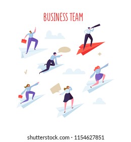 Business Team Concept. Business People Flying on Paper Planes. Leadership, Teamwork, Motivation. Vector illustration