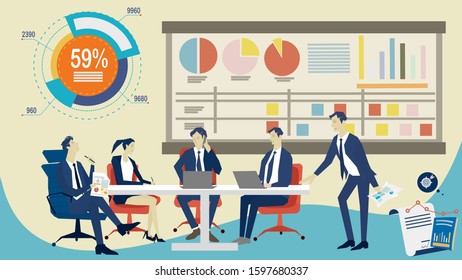 Business team conference meeting and discussion, corporate and manager concept with white board analysis diagram,  statistics data graph background. Brainstorming, presentation,  office room Vector. - Shutterstock ID 1597680337