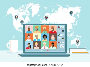 Business Team Conference Video Call, Studying Online, Telecommuting, Remote Work, Business Communication. Diverse Colleagues, International Students Meeting, Virtual Office, World Map. Vector Banner.