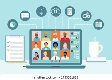 Business team conference video call, studying online, telecommuting, remote work,project communication, data sharing. Diverse colleagues, international students meeting, virtual office. Vector banner.