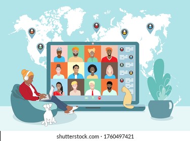 Business team conference video call, studying online, telecommuting, young woman remotely works from home, business communication. Diverse colleagues, international students, world map. Vector banner.