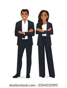 Business team. Confident Indian business man and woman in black suits standing isolated vector illustration.