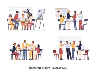 Business team congratulates colleague flat vector illustrations set. Diverse people celebrating successful project, career promotion, new contract. Men and women applauding, shaking hands, giving high