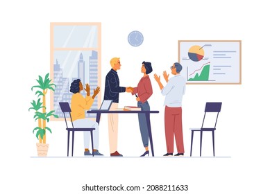 Business team congratulates colleague with successful project flat vector illustration. Cheerful men and women applauding, shaking hands.