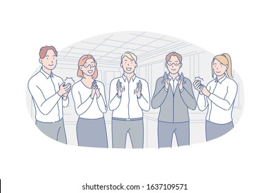 Business, team, congratulation, applause concept. Group of young happy business people applause in honor of career growth. Colleagues men and women greet new team member. Simple flat vector