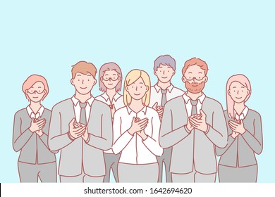 Business, team, congratulation, applause concept. Group of young happy business people applause in honor of career growth. Colleagues men and women greet new team member. Simple flat vector