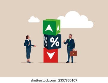 Business team connect cube block with percentage symbol icon. Interest, financial and mortgage rates. Vector illustration