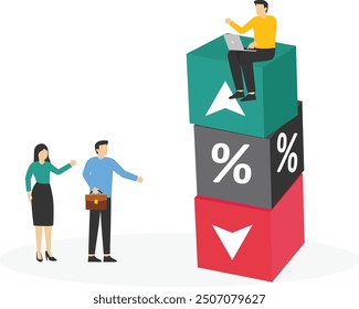 Business team connect cube block with percentage symbol icon. Interest, financial and mortgage rates. Vector illustration
