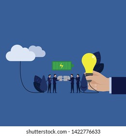 Business team connect idea to cloud metaphor get more inspiration. Illustration For Wallpaper, Banner, Background, Book Illustration, And Web Landing Page.