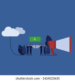 Business team connect speaker to cloud for powerful advertisement. Illustration For Wallpaper, Banner, Background, Book Illustration, And Web Landing Page.
