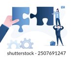 Business team connecting arrow jigsaw puzzle pieces together. Business teamwork and collaboration to implement innovative idea or startup. Teamwork and cooperation. flat vector illustration