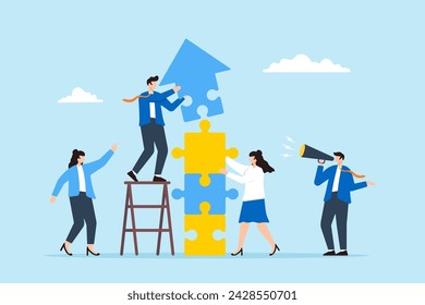 Business team connecting arrow jigsaw puzzle pieces together