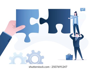 Business team connecting arrow jigsaw puzzle pieces together. Business teamwork and collaboration to implement innovative idea or startup. Teamwork and cooperation. flat vector illustration