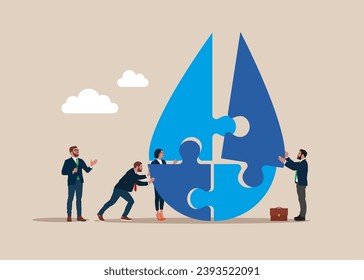 Equipo de negocios que conecta elementos del rompecabezas gota de agua. Conservación del agua. Ilustración del vector