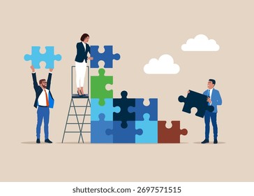 Equipo de negocios conectando Elementos de rompecabezas. Trabajo en equipo, cooperación, asociación. Pensar para resolver problemas de negocios, concepto de conexión de negocios. Ilustración plana de Vector