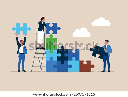 Business team connecting puzzle elements. Teamwork, cooperation, partnership. Thinking to solve business problem, business connection concept. Vector flat illustration